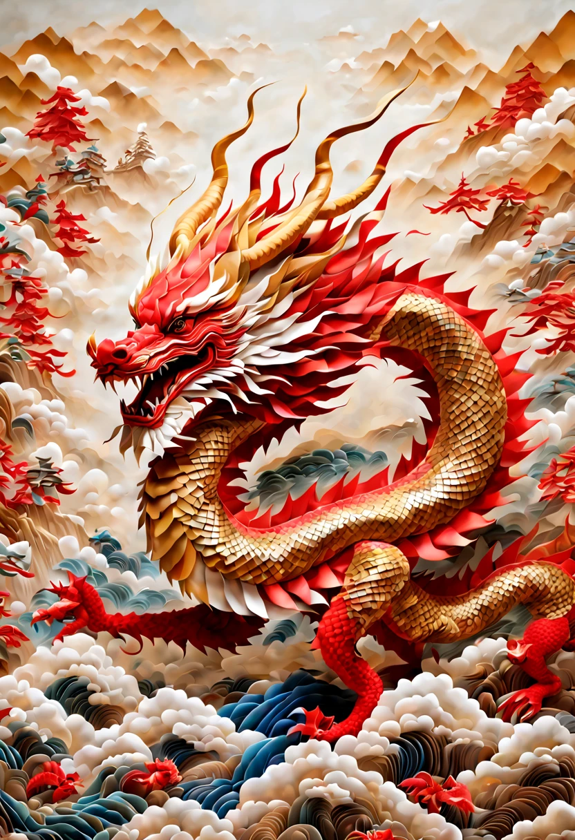 in style of origami artwork, beautiful detailed,Intricate Chinese dragon in vibrant red and gold, folding into a 3D origami tessellation. Serpentine beast with flowing mane and camel-like head soaring through the skies. Body formed by cleverly folded  squares. Chinese blessing characters run along its length. Dragon flies over a sea of clouds and swirling qi energy. Conveys grandeur, cultural heritage and uplifting spirit. Dynamic folk art style with strong brushwork and embroidery patterns, enhance, intricate, (best quality, masterpiece, Representative work, official art, Professional, unity 8k wallpaper:1.3)