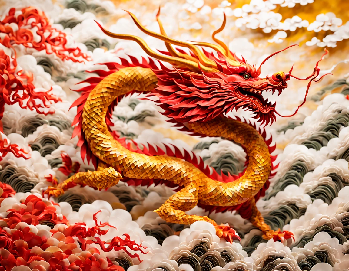 in style of origami artwork, beautiful detailed,Intricate Chinese dragon in vibrant red and gold, folding into a 3D origami tessellation. Serpentine beast with flowing mane and camel-like head soaring through the skies. Body formed by cleverly folded squares. Chinese blessing characters run along its length. Dragon flies over a sea of clouds and swirling qi energy. Conveys grandeur, cultural heritage and uplifting spirit. Dynamic folk art style with strong brushwork and embroidery patterns, enhance, intricate, (best quality, masterpiece, Representative work, official art, Professional, unity 8k wallpaper:1.3)