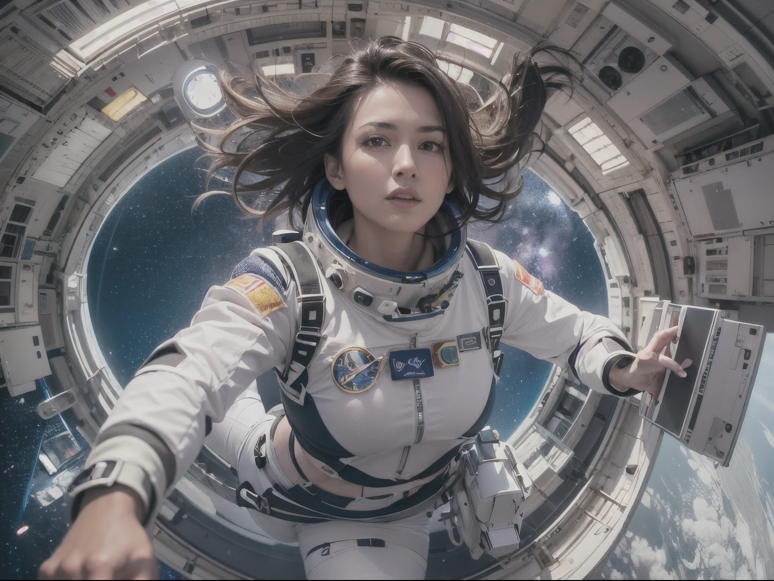 Distance shot, full body portrait, a beautiful brunette woman age 30, skydiving in a spacesuit inside a space station, long hair floating in the air in a spacecraft, hair drifting in zero gravity, legs spread, facing the viewer, view of dark outer space and planet Earth in the space station window, wearing tight white spandex shorts and white sports bra with NASA logo, midriff showing, 4k extremely photorealistic, uhd 4k highly detailed, ((ethereal lighting, ultra-high res.photorealistic:.1.4, (high detailed skin:1.2), 8k uhd, dslr, high quality, film grain, Fujifilm XT3,(masterpiece) (best quality) (detailed) (cinematic lighting) (sharp focus) (intricate)