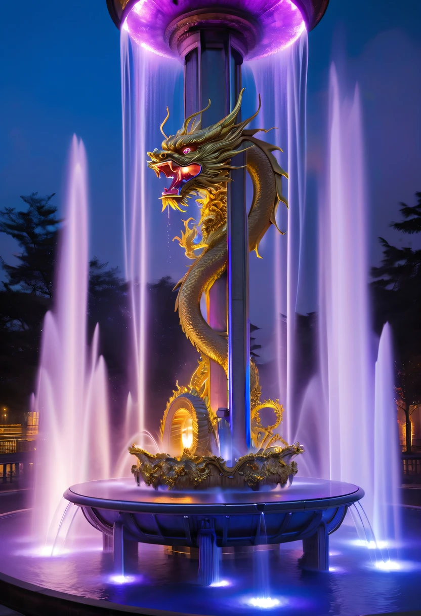 Spectacular futuristic sci-fi nighttime fountain erupting from a steam engine,sparkling silver water column.There a Chinese golden dragon spraying water in this water column,Emit purple energy,and emits a slight blue light,Make the entire fountain look mysterious and high-tech。 The shape of the water column in the fountain also very futuristic......