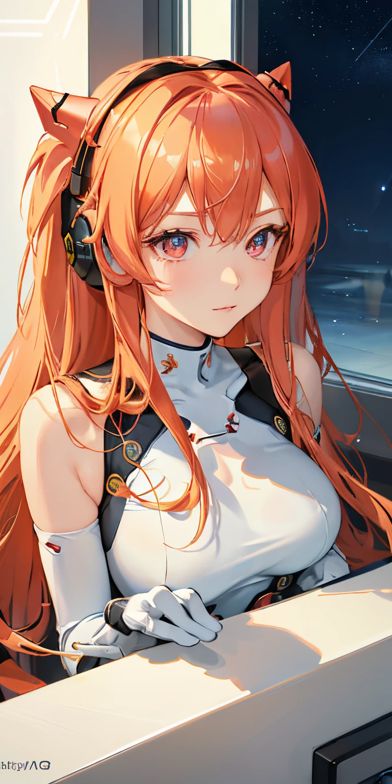 (Overhead view),dynamic angle,ultra-detailed, illustration, close-up, straight on, 1girl, 
 ((souryuu asuka langley, interface headset, red bodysuit:1.4, blonde)),Her eyes shone like dreamy stars,(glowing eyes:1.233),(beautiful and detailed eyes:1.1),(expressionless,closed mouth),(standing), 
(mechanic room with toolsand spaceship windowin a white SPACESHIP),
(night:1.2),dreamy, [[delicate fingers and hands:0.55]::0.85],(detail fingers),