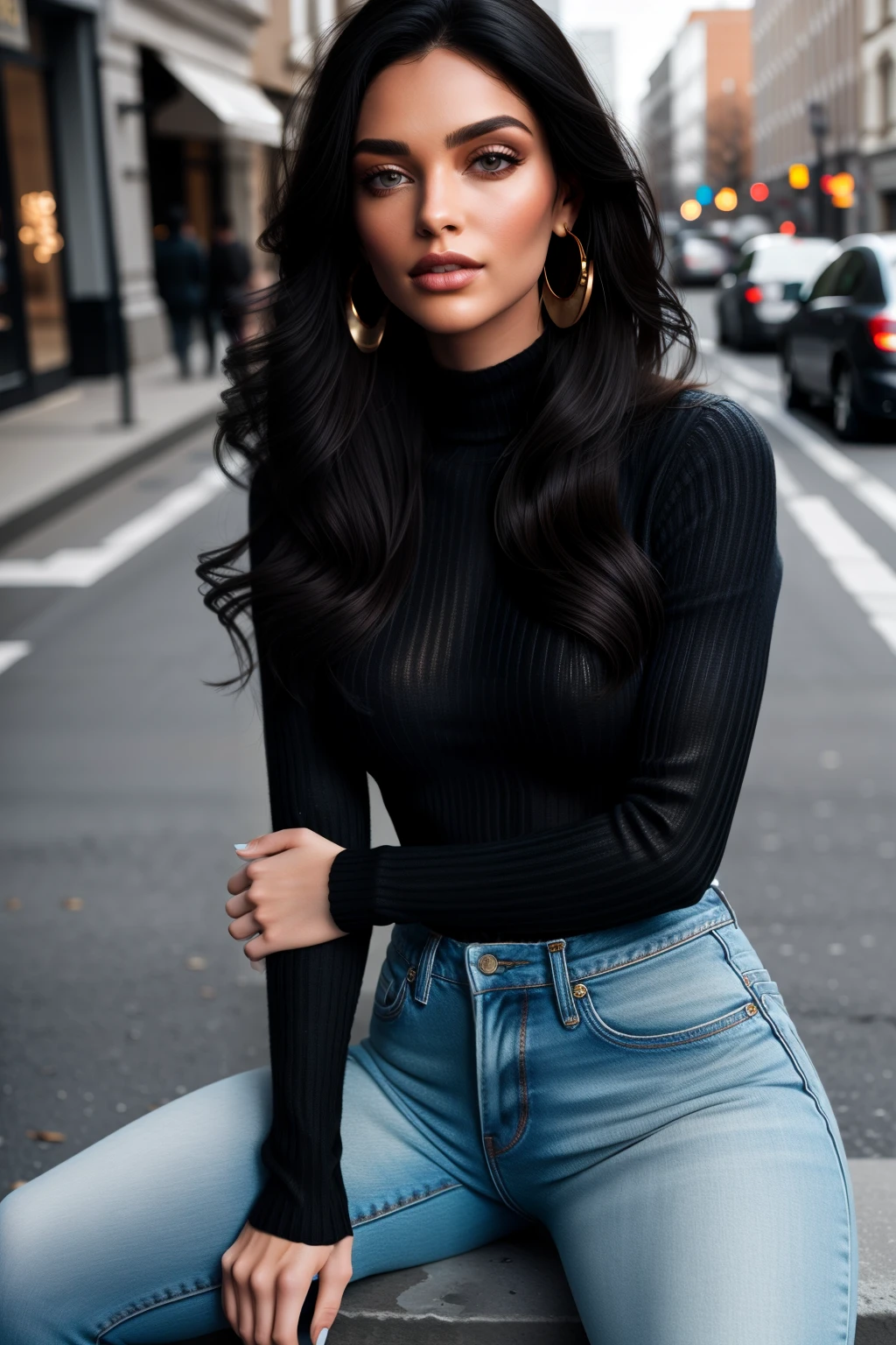 1gir , black long hair, brown eyes, sweater, blue jeans,,sit, outside, street, detailed fingers, perfect body,8k, high resolution, high quality, gold earrings,