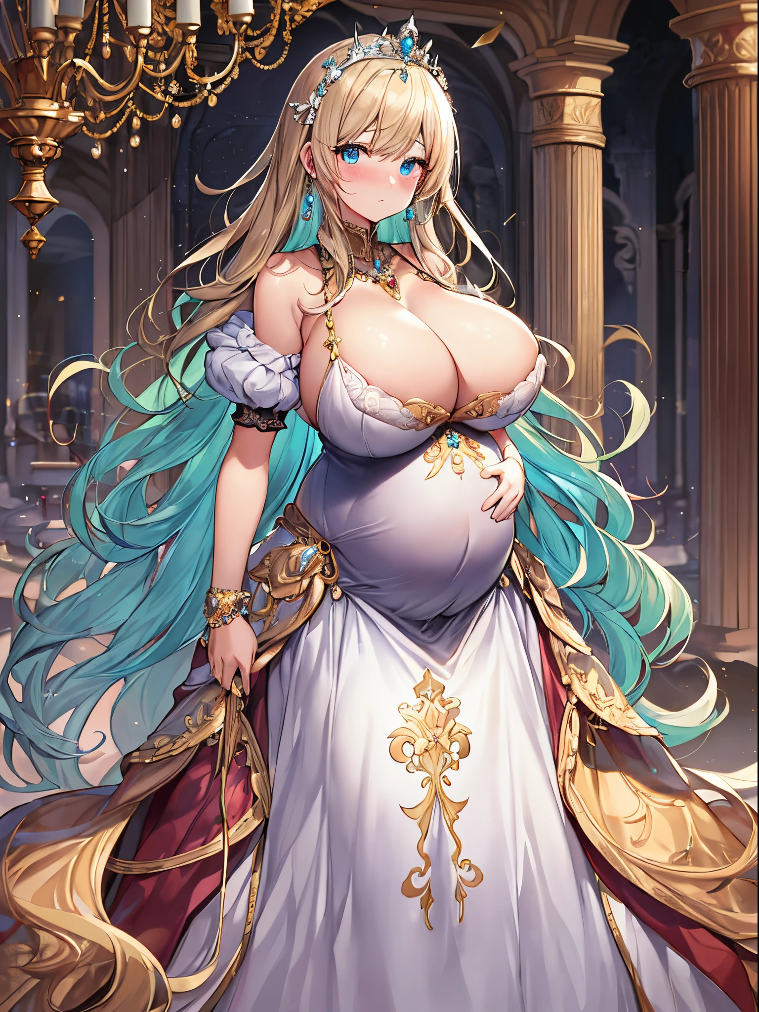 ultra-detailed, extremely detailed,((anime artstyle)),Masterpiece,(Best Quality),(Super Detail),(Very Delicate and Beautiful),((Solo)),((full body)),full body,((detailed face and eyes)),perfect eyes, rendered eyes,jewel-like beautiful eyes,((embarrassed,blush)),((1 pregnant princess in beautiful embroidery and jeweled gorgeous rococo ballgown with voluminous full length hoop skirt)),(((heavily pregnant))),((Crinoline,luxurious ruffles)),beautiful embroidery and jeweled gorgeous rococo ballgown with voluminous full length hoop skirt,(large amount of straight hair,extremely voluminous Very Long straight Hair,Absolutely Long Straight Hair),(((very gigantic boobs))),skindentation,Bursting breasts,cleavage,(fantasy castle,luxury palace),long_gloves,extremely gorgeousfull jeweled hair ornament,(bling-bling extremely gorgeousfull jeweled tiara),(luxurious jewelry),full body,beautiful embroidery and jeweled gorgeous rococo princess ballgown with voluminous full length hoop skirt