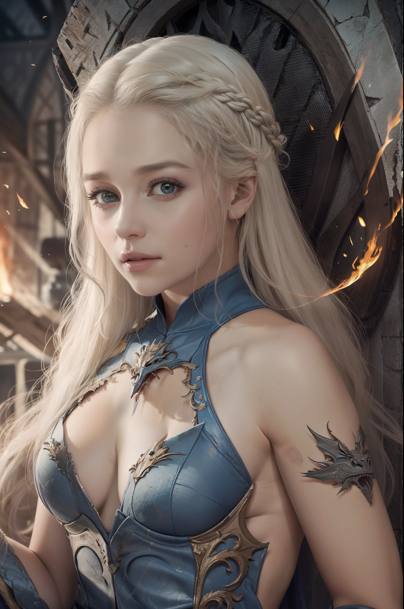 best quality,4k,8k,highres,masterpiece:1.2,ultra-detailed,realistic:1.37,Daenerys Targaryen, beautiful detailed eyes,beautiful detailed lips,extremely detailed eyes and face,longeyelashes,dragon queen,blond hair,piercing blue eyes,queen's gown,confident expression,regal posture,dramatic lighting,fire-breathing dragon,creative portrait,emotional portrait,vivid colors,Game of Thrones fan art,medieval fantasy,stylized artwork,smoke and fire effects,dragons flying in the background,throne room setting,fiery atmosphere,powerful and majestic,A Song of  and Fire,large scale mural,rich textures,depth and dimension,ethereal and captivating scene, sexy, alluring, cleavage