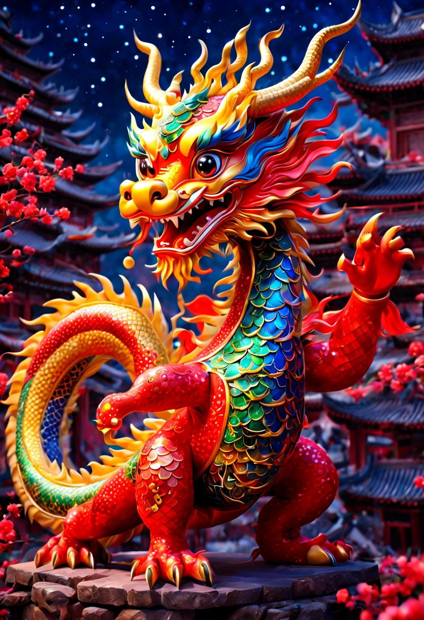 (Chinese fantasy Q version style: 1.4) Cute Chinese dragon, big eyes, small figure (bright colors) The body of the Chinese Year of the Dragon mascot  dotted with star patterns, like a star dancer. In the night sky, the dance of the Year of the Dragon mascot  like twinkling stars, bringing dazzling blessings for the New Year, enhance, intricate, (best quality, masterpiece, Representative work, official art, Professional, unity 8k wallpaper:1.3)