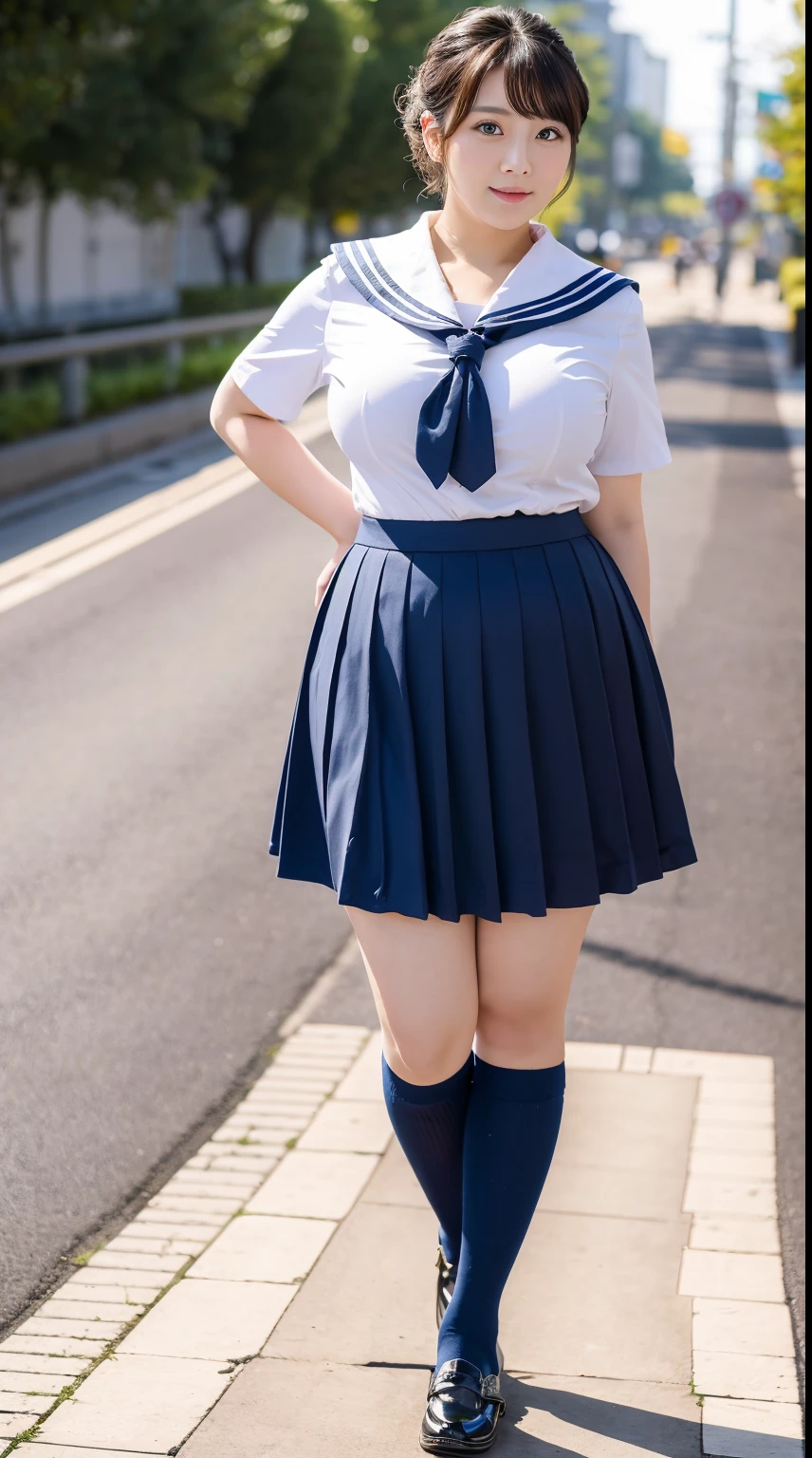 Masterpiece,High Quality, Japanese ,woman,30 years old,chignon, sailor long skirt uniform, huge breasts, voluptuous  ,(looking at viewer:1.3), (full body shot:1.2),