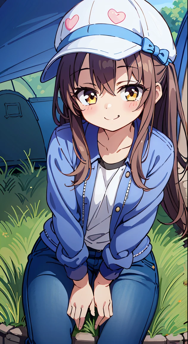 (masutepiece, Best Quality, Perfect Anatomy, High quality:1.4), absurderes, absolutely resolution, unbelievable Ridiculous, hight resolution, ultra-detailliert, Official art, Unity 8k壁纸, Kinetic typography,nice hand, Perfect hands, Detailed beautiful hands, Large_filesize, fulcolor, hight resolution, symmetric, exceptional, Best aesthetic, newest, Anime, very beautiful detailed body,The hair,faces,The eye, , BREAK,
1 beautiful girl, 1girl in, (Cute:1.5),(Chibi:0.5),(kawaii:2.0),(Lori:2.0),(7 girl),(Solo:1.65),BREAK, (flat chest:1.2,), Clear skin, Beautiful skin, Shy, One Beautiful Girl,(Hair Bow, reddish brown hair, Twin-tailed:1.2), (Brown eyes, long eyelashes, Double eyelids: 1.2), Shiny skin, gleaming skin,Clear skin, Beautiful skin,( A smile:1.5), Solo,gleaming skin, Clear skin, Beautiful skin(best quality face),(Top quality glowing eyes), (The best smile,Doya face:1.45),
breaking shirt, White shirt, Jacket, Pants, shoes, Open your clothes, Open jacket, sneakers, Long sleeves, turtle neck, (Oversized_Clothes:1.4)
break hat, Baseball Cap, shoes, espadrilles, white footwear,
BREAK
sitting, knees up,
Outdoors, day, Blue sky, cumulonimbus clouds, Sunlight, Flowers, garden, forest, Soto, Trees, Wind, Windy, Nature, tussock, (camping:1.4),depth of fields,
BREAK,wakame,wakame,wakame,(Dynamic Poses, Dynamic Angle, close-up, Cowboy Shot, Cowboy Shot:1.4),
BREAK,(Blurry background:1.3),(absurderes, hight resolution, Super Detail Art),cel shading,Clear Color, Lonely optical effect, Beautiful pictures, Bright glow, mystic atmosphere,(Close-up of girl:1.1), Mystical light particle effect,manga influence, clean line drawings,
nice hand, Perfect hands,