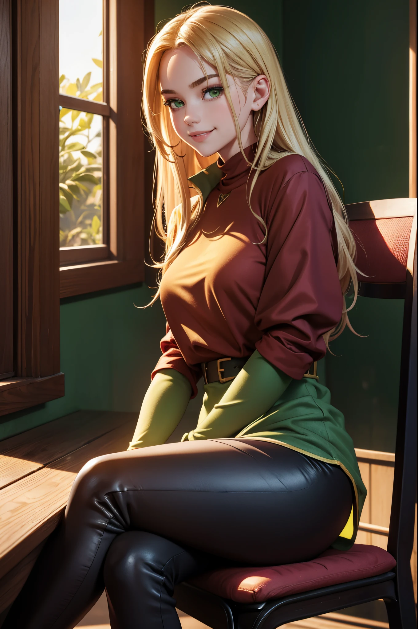 1girl, solo, , loose blond hair, wearing velvet red leggings and green sweather, sitting on a chair in classroom, crossing legs, smiling embarassed, side view, bare forehead, hooked nose, puffy cheeks, small breast, alluring, flirty, confident, scornful look, malicious smirk, detailed face, detailed yellow eyes, detailed irises, thick fleshy lips, medieval, high res, best quality, ultrasharp, 8K, cinematic, green wall behind