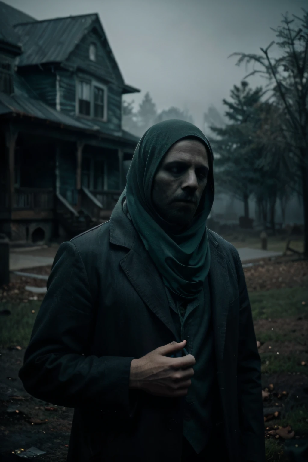 Create a compelling YouTube thumbnail for a video titled "The Ghost Of A Man With No Head." The thumbnail should feature the ghost of a headless man standing in front of an old country home. Emphasize a mysterious and haunted atmosphere with the following elements:
1. Background: Dark and mysterious, with an old country home.
2. Ghost: Ethereal lighting, slightly obscured by shadows.
3. Atmosphere: Add fog or mist for a haunted feel.
4. Color Scheme: Cool tones (blues and greens) for an eerie vibe.
5. Text: Integrate the video title seamlessly with a spooky font. Ensure readability without distracting from the overall image.
Experiment with different angles, perspectives, and compositions to make the thumbnail dynamic. Consider grayscale with accent colors, vintage filters, and a silhouette approach. Convey emotion through the ghost's body language. Aim for a balanced, visually appealing composition. Please provide multiple versions for testing and gather feedback for optimization.