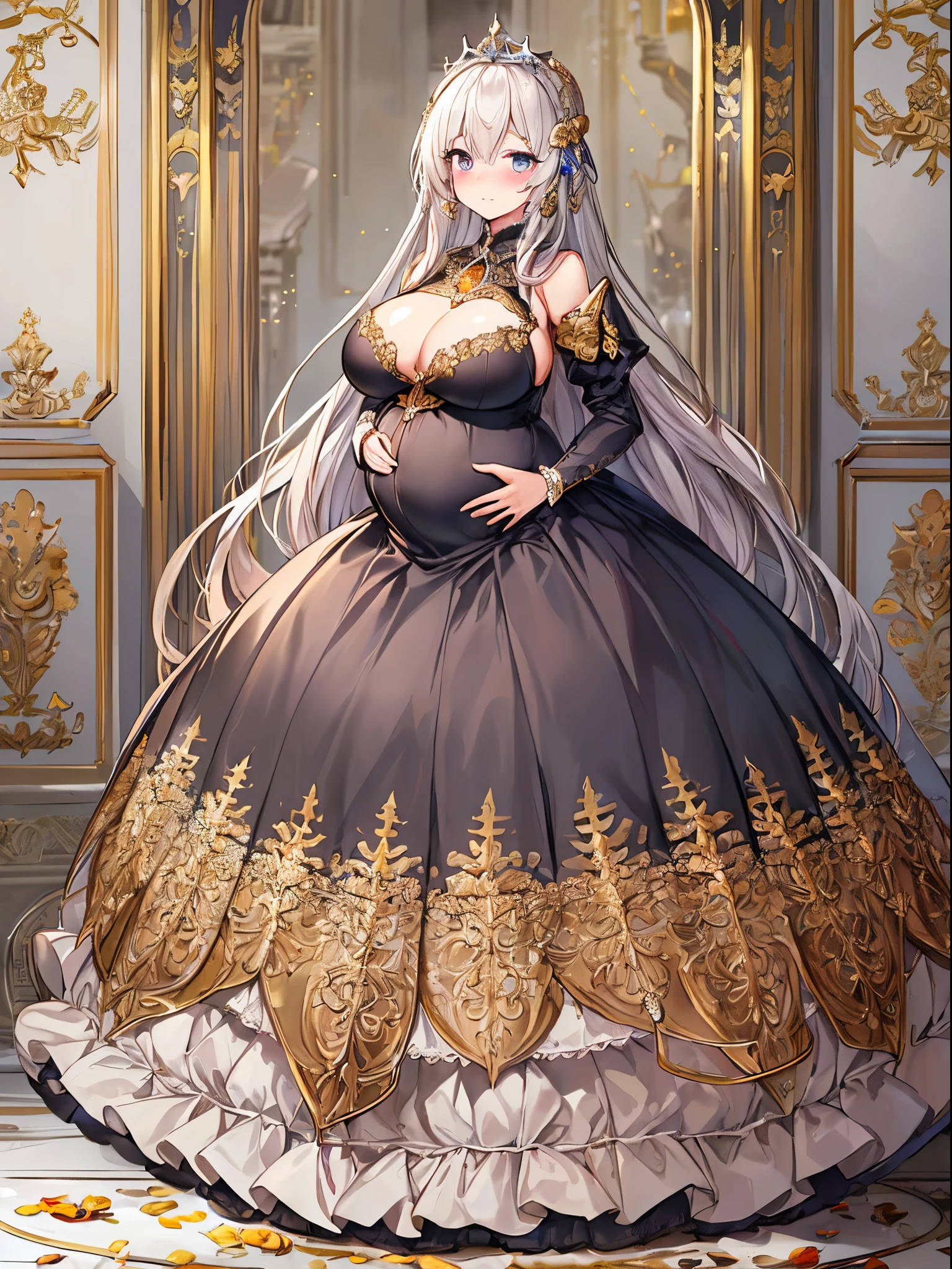 ultra-detailed, extremely detailed,((anime artstyle)),Masterpiece,(Best Quality),(Super Detail),(Very Delicate and Beautiful),((Solo)),((full body)),full body,((detailed face and eyes)),perfect eyes, rendered eyes,jewel-like beautiful eyes,((embarrassed,blush)),((1 pregnant princess in beautiful embroidery and jeweled gorgeous rococo ballgown with voluminous full length hoop skirt)),(((heavily pregnant))),((Crinoline,luxurious ruffles)),beautiful embroidery and jeweled gorgeous rococo ballgown with voluminous full length hoop skirt,(large amount of straight hair,extremely voluminous Very Long straight Hair,Absolutely Long Straight Hair),(((very gigantic boobs))),skindentation,Bursting breasts,cleavage,(fantasy castle,luxury palace),long_gloves,extremely gorgeousfull jeweled hair ornament,(bling-bling extremely gorgeousfull jeweled tiara),(luxurious jewelry),full body,beautiful embroidery and jeweled gorgeous rococo princess ballgown with voluminous full length hoop skirt