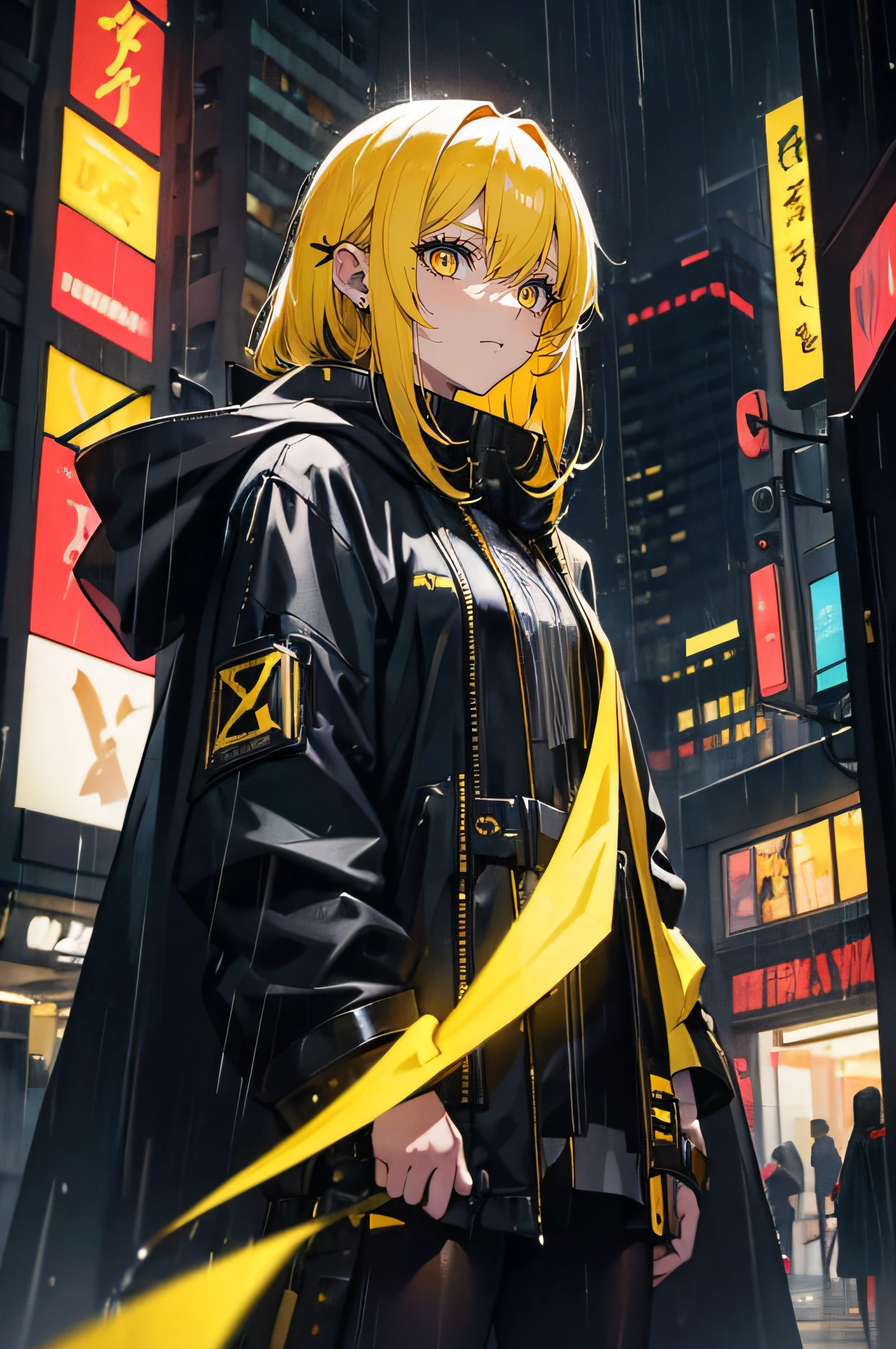 girl with yellow eyes and yellow hair wearing a black hooded cape with medium hair down to her ears with a gentle look in a cyberpunk city rainy night with a technological bow on her back