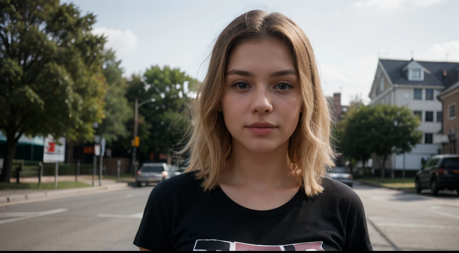 Very beautiful 22 year old blonde, who is wearing a t-shirt and looking directly into the camera