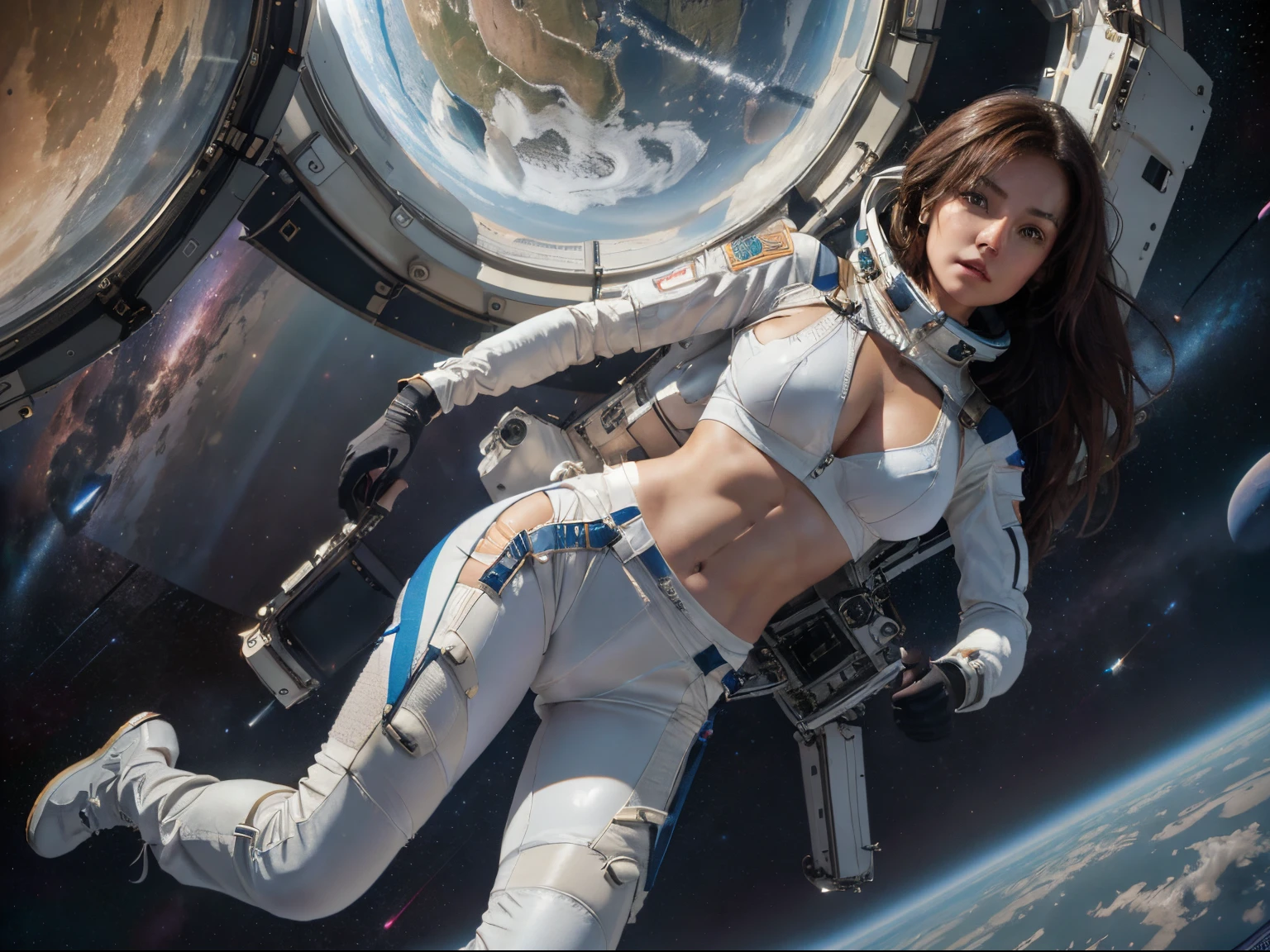 Distance shot, full body portrait, a beautiful brunette woman age 30, skydiving in a spacesuit inside a space station, long hair floating in the air in a spacecraft, hair drifting in zero gravity, legs spread, facing the viewer, view of dark outer space and planet Earth in the space station window, wearing tight white spandex shorts and white sports bra with NASA logo, midriff showing, 4k extremely photorealistic, uhd 4k highly detailed, ((ethereal lighting, ultra-high res.photorealistic:.1.4, (high detailed skin:1.2), 8k uhd, dslr, high quality, film grain, Fujifilm XT3,(masterpiece) (best quality) (detailed) (cinematic lighting) (sharp focus) (intricate)