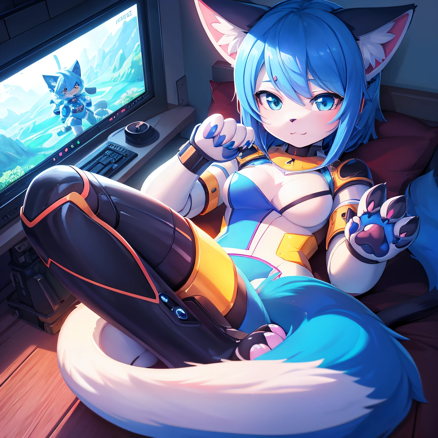 Wild paw:0.9, 1girl, ,pawpads,perfect  lighting, extremely detailed art, Vivid colors with high contrast, tail,  claws, great artist,  Robot Girl, Blue hair, Jennywakeman with a cat body,  Hair, bolt,