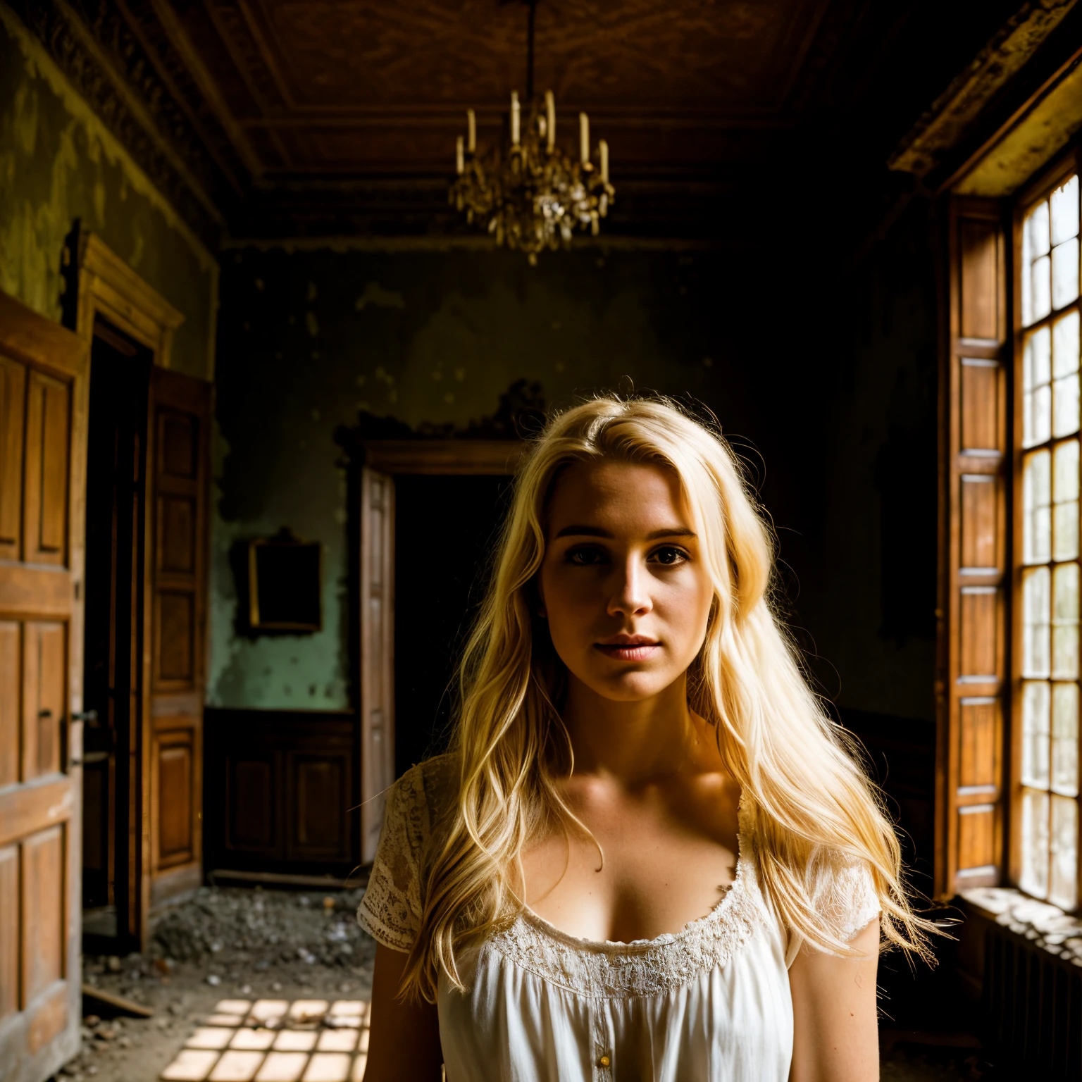 photo portrait of a blond hair woman in urbex scenery, interior of an abandoned manor house, photo realistic, golden hour, perfect face