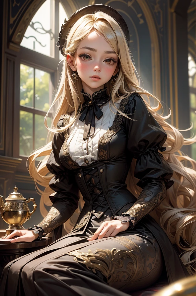 (Masterpiece - Ultra-Detailed, High Resolution) Prepare to be enchanted by a true masterpiece that combines ultra-detailed art with high-resolution rendering. This work shows a mesmerizing girl with long blonde hair (1.3) and captivating brown eyes (1.2), emanating an aura of elegance and mystery. The intricate details and realistic textures invite you to explore every aspect of this enchanting composition. Girl wearing sexy Victorian costumes. drinking tea sitting down. Get ready to dive into a world where beauty and craftsmanship merge perfectly.