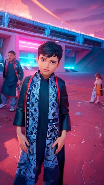(realistic face:1.2) Boy with futuristic style, (8k ultra HD quality) detailed and vibrant, (futuristic background) with a sleek and modern atmosphere, (realistic face) featuring a young boy with sharp features and expressive eyes, (ultra detailed) showcasing every intricate detail of his face, (style) exuding a sense of futuristic fashion and sophistication. The boy is (wearing trendy clothes) with unique textures and patterns, (color palette) consisting of vibrant and bold hues that complement the futuristic theme. The background is (illuminated with neon lights) that create a dynamic and high-tech ambiance, (cityscape) with towering skyscrapers and futuristic architecture, enhancing the futuristic feel. The overall composition is (balanced) with the boy positioned in the center, (dynamic pose) conveying a sense of confidence and style. The image is a flawless (masterpiece) that captures the essence of futuristic fashion and technology.