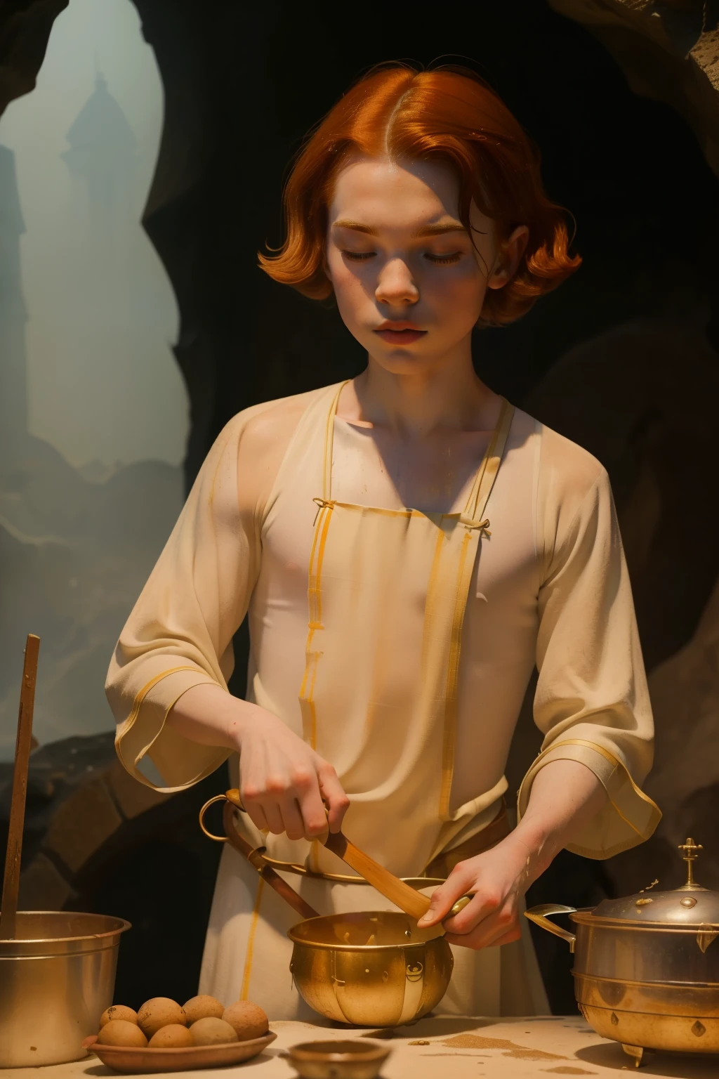 1135, England. otherworldly scene in a cave, ((((11-year-old)) Cameron Monaghan)), removing soup in a cauldron, ((((poor plain tunic from the 12th century)))), ((Hairstyle of the 12th century)), ((Wes Anderson cinematic style)), colorful