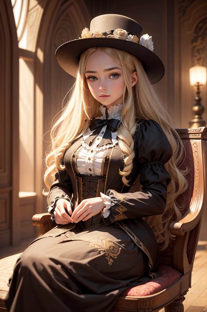 (Masterpiece - Ultra-Detailed, High Resolution) Prepare to be enchanted by a true masterpiece that combines ultra-detailed art with high-resolution rendering. This work shows a mesmerizing girl with long blonde hair (1.3) and captivating brown eyes (1.2), emanating an aura of elegance and mystery. The intricate details and realistic textures invite you to explore every aspect of this enchanting composition. Girl wearing sexy Victorian costumes. drinking tea sitting down. Get ready to dive into a world where beauty and craftsmanship merge perfectly.