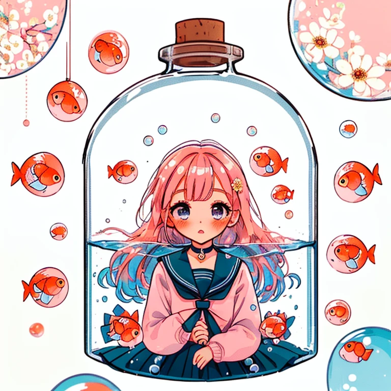 1girl, solo, girl in a bottle, bottle, in container, white background, bubble, hair ornament, school uniform, fish, looking at viewer, blush, jar, long hair, flower, hair flower, goldfish, sailor collar, pink hair,  background, serafuku, long sleeves, bangs, skirt, parted lips, choker, black skirt