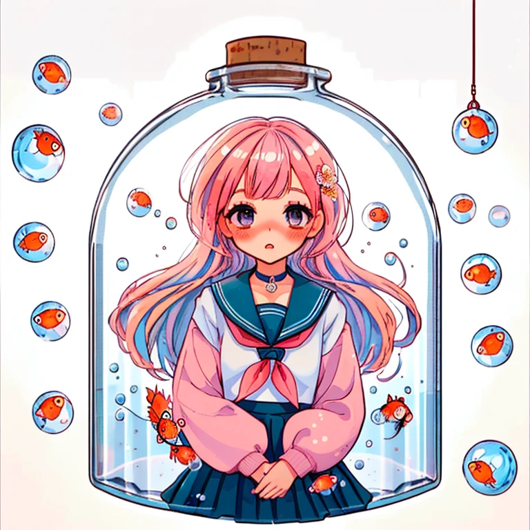 1girl, solo, girl in a bottle, bottle, in container, white background, bubble, hair ornament, school uniform, fish, looking at viewer, blush, jar, long hair, flower, hair flower, goldfish, sailor collar, pink hair, background, serafuku, long sleeves, bangs, skirt, parted lips, choker, black skirt