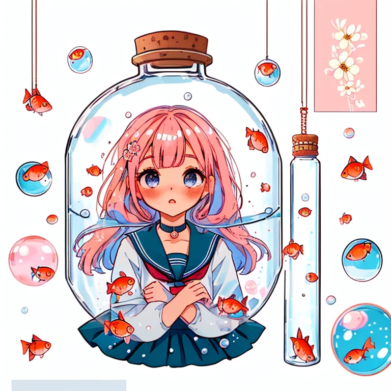 1girl, solo, girl in a bottle, bottle, in container, white background, bubble, hair ornament, school uniform, fish, looking at viewer, blush, jar, long hair, flower, hair flower, goldfish, sailor collar, pink hair, background, serafuku, long sleeves, bangs, skirt, parted lips, choker, black skirt