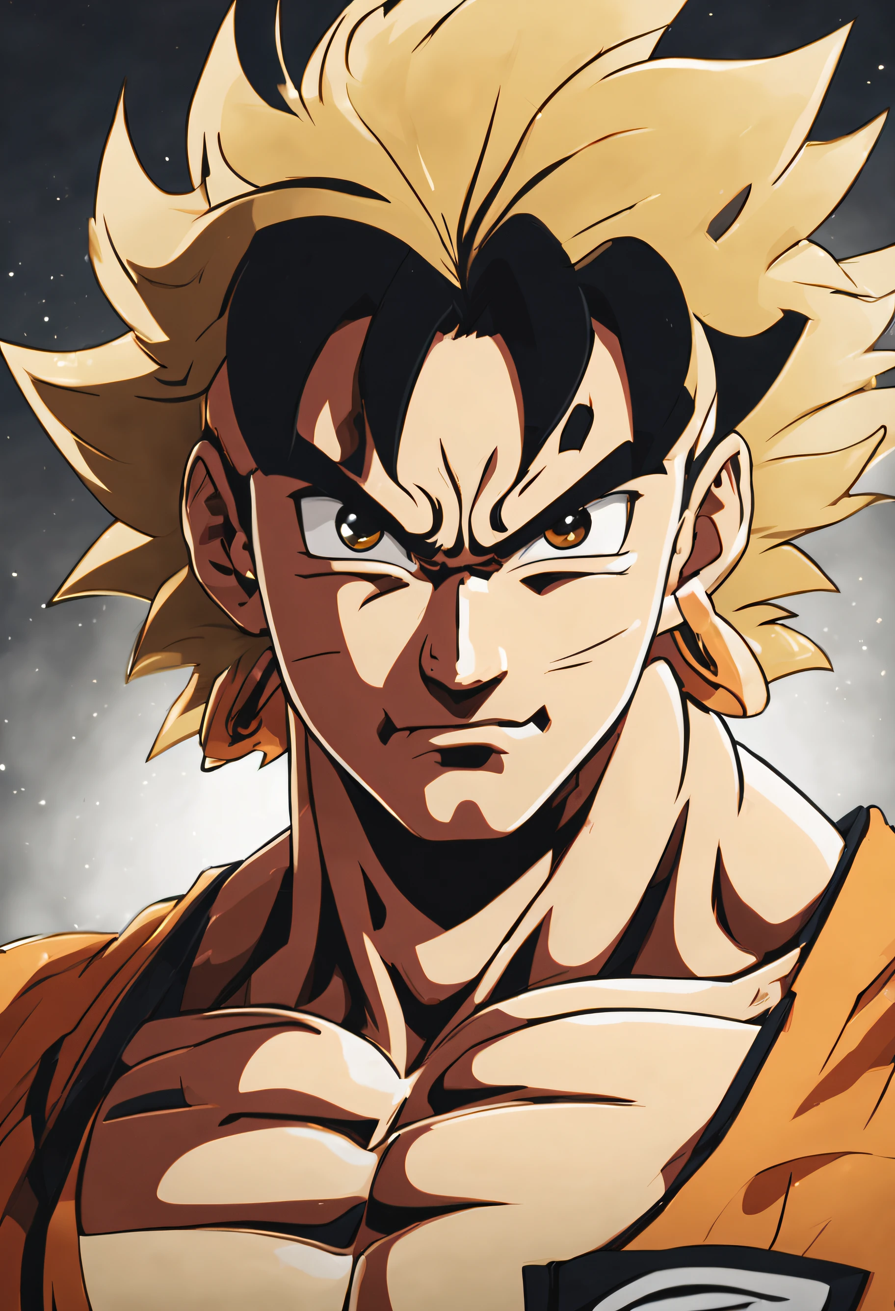 Yamcha, muscular, solo, torn clothes, looking straight, very detailed, hd, masterpiece, 8k, professional, symmetrical, (detailed eyes, eye iris:1.2), (looking at the camera:0.8) in the style of dragon ball z, brown eyes, sparking