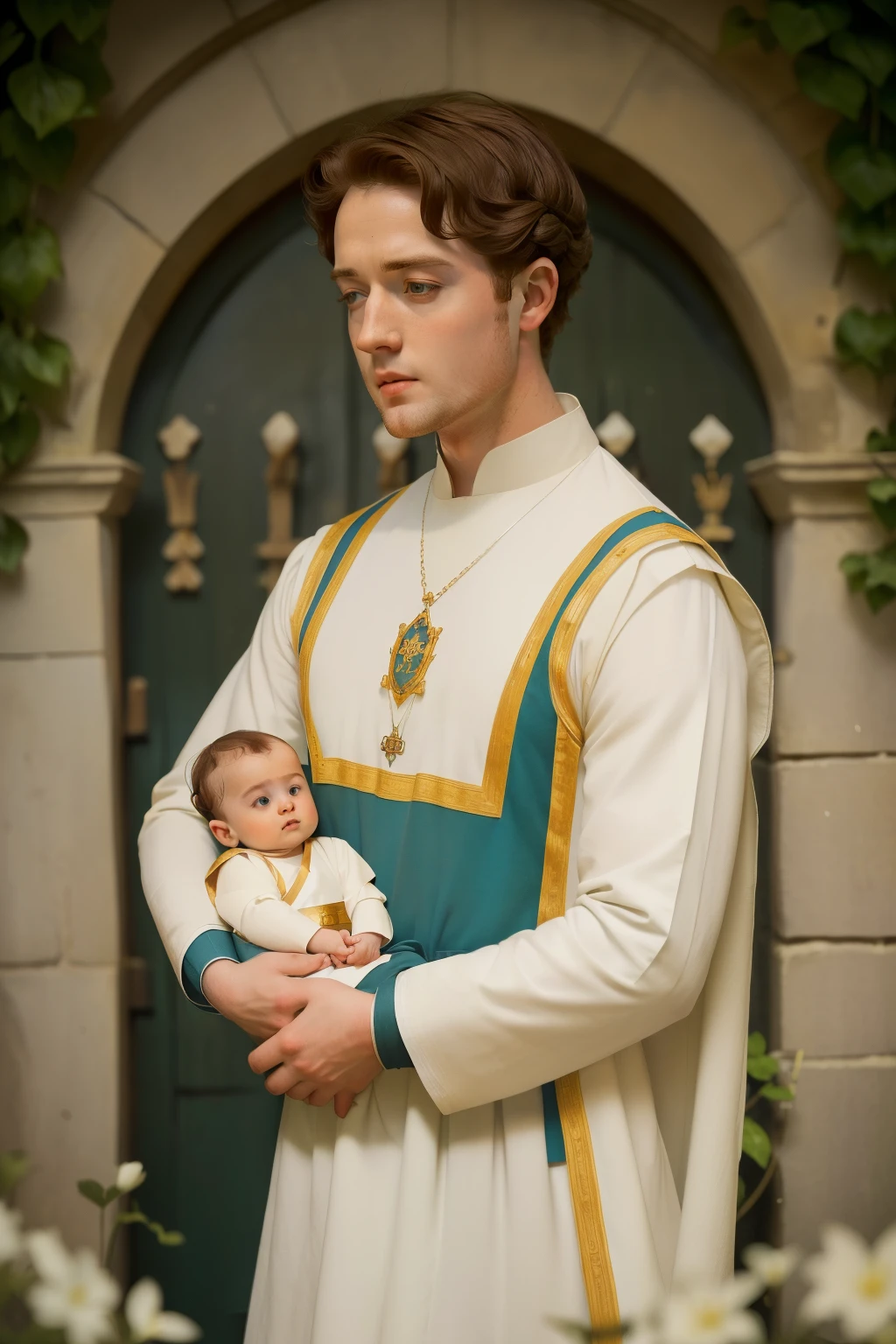 1136, England. otherworldly scene in a monastery garden, ((((27-year-old)) Richard Rankin)), prior monk, holding a baby, ((((poor plain tunic from the 12th century)))), ((Hairstyle of the 12th century)), ((Wes Anderson cinematic style)), colorful
