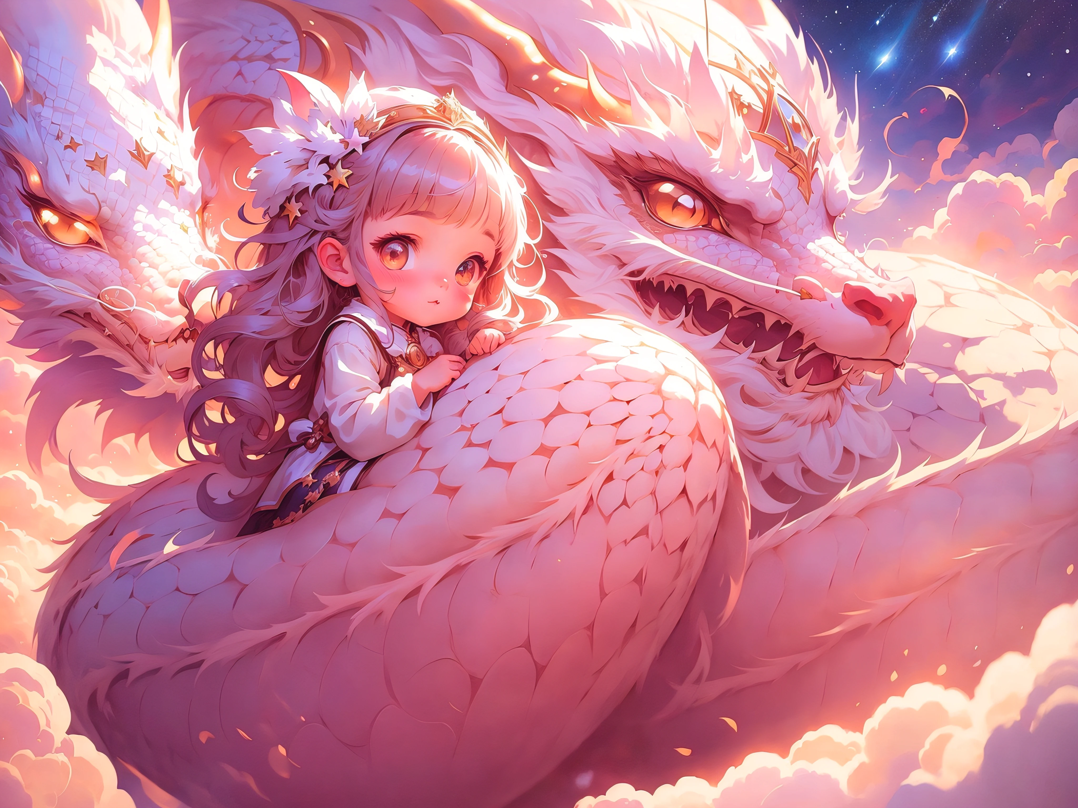 best quality,8k,highres,masterpiece, ultra-detailed, (realistic,photorealistic,photo-realistic), high-resolution, 1girl, ***********, dragon, chinese dragon, sky, pastel, pink, cute