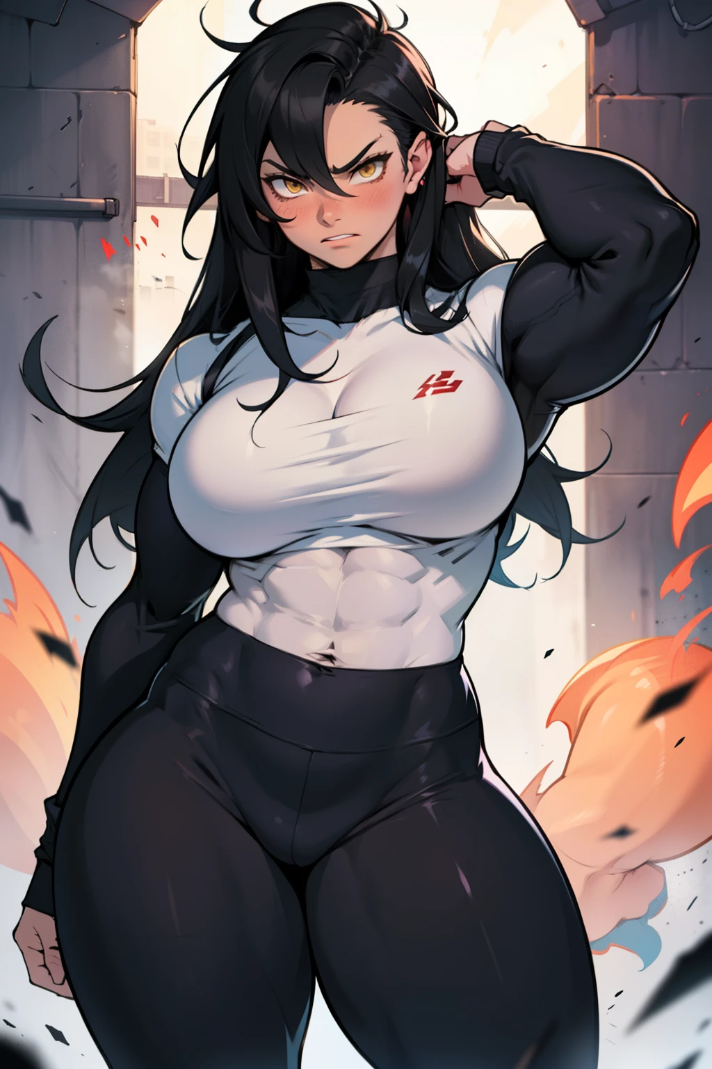 1girl solo black hair yellow eyes very long hair pale skin muscular muscular muscular muscular toned body huge muscles thick thighs girl tight clothes angry blushing messy hair leggings tight shirt long sleeves thick thick thick thick