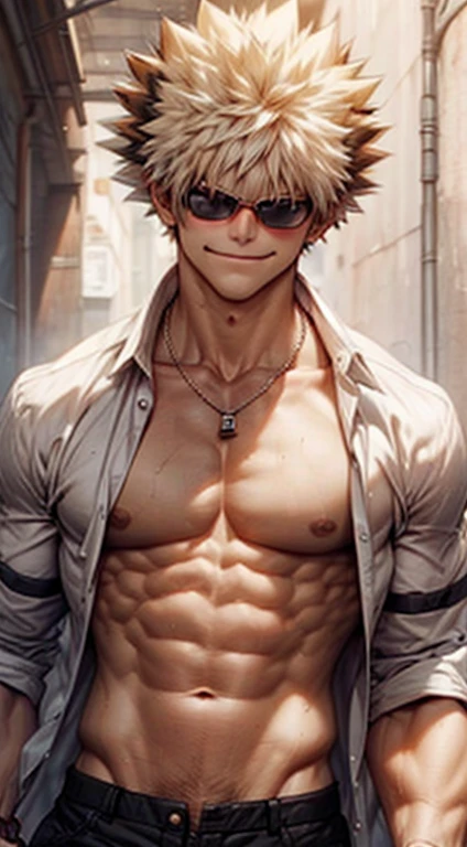 Bakugou Katsuki looking at the viewer with open shirt and muscular arms and body, wearing a necklace and sunglasses, smirking and blushing, naked penis