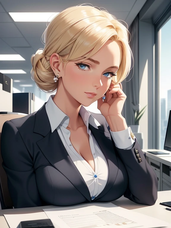 (masterpiece, best quality, ultra-detailed, highres, best illustration). Create a visually stunning and elegant portrayal of a 35-year-old professional woman in her office attire and blue eyes. Picture her with a poised demeanor, wearing a tailored, charcoal-gray business suit that exudes sophistication. cleavage, broad shoulders. Her sleek, light-blonde hair is styled in a tasteful updo, complementing the subtle pearl earrings adorning her ears. The ambient office lighting softly highlights her graceful features as she confidently sits at her desk, surrounded by an atmosphere of success and professionalism. Capture the essence of modern femininity and corporate elegance in this AI-generated artwork. (extremely detailed illustrated 8k wallpaper).