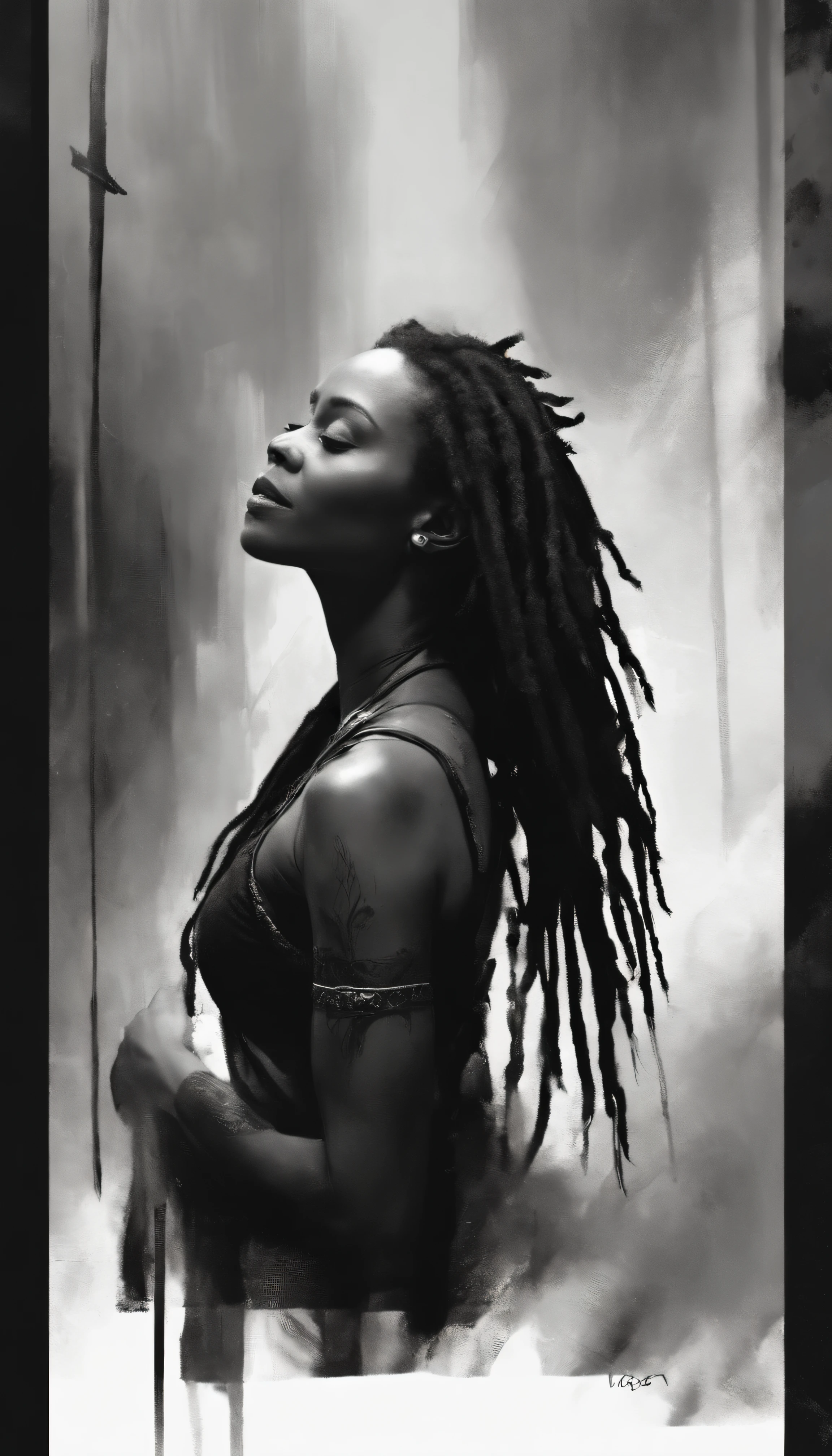 uma imagem de uma mulher negra com dreadlocks , No estilo de Russ Mills, Michael Garmash, charming sketches, mono-ha, Contemporary Asian art, Lilia Alvarado, Pincelada concisa --AR 69:128 --s 750 --V 5. 2
