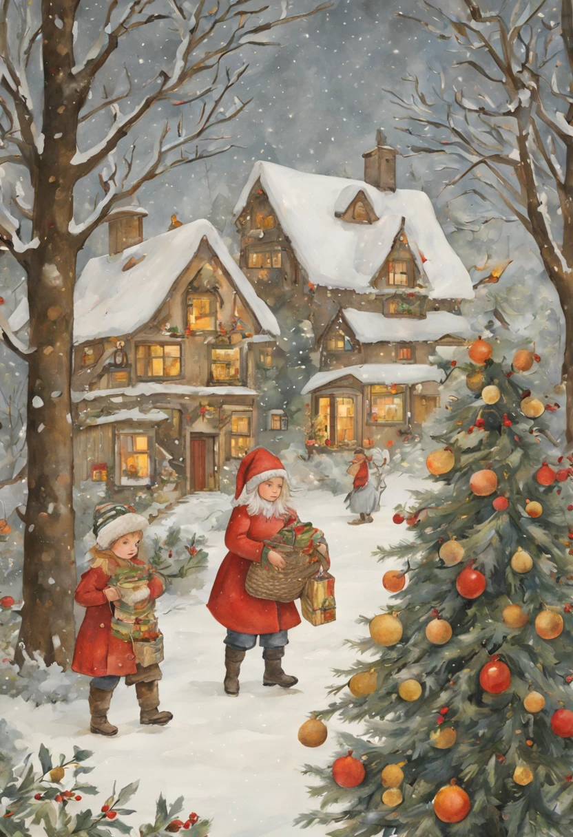 by Elsa Beskow, christmas, enhance, intricate, (best quality, masterpiece, Representative work, official art, Professional, unity 8k wallpaper:1.3)