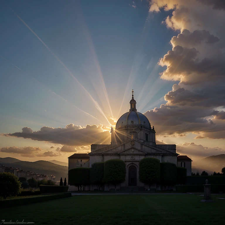 Monastery of El Escorial sunset birds h rays of light between clouds