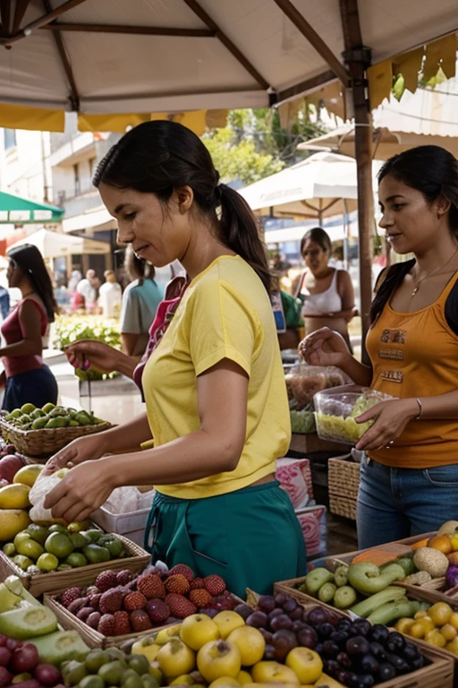 Capturar a vida movimentada de um mercado local, mostrando as cores vibrantes, people interacting and products for sale.
