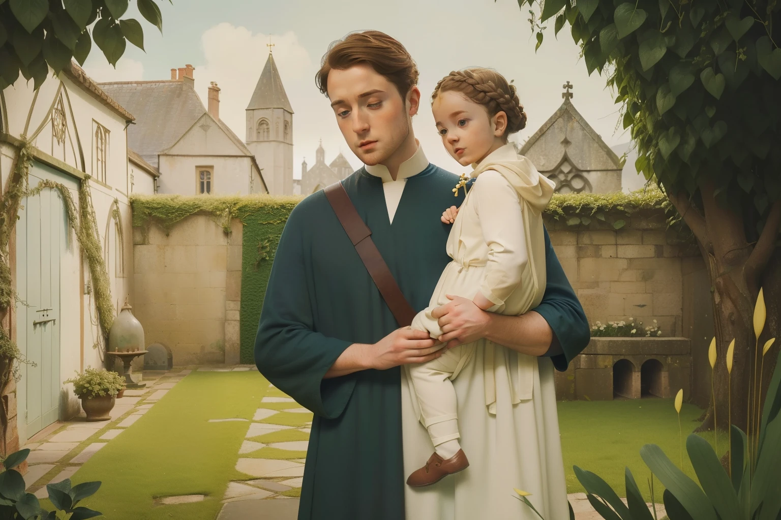 1136, England. otherworldly scene in a monastery garden, ((((27-year-old)) Richard Rankin)), prior monk, holding a baby, ((((poor plain tunic from the 12th century)))), ((Hairstyle of the 12th century)), ((Wes Anderson cinematic style)), colorful