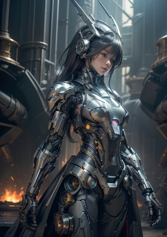 Textured skin, Super Detail, high details, High quality, Best Quality, hight resolution, 1080p, hard disk, Beautiful,(War Machine),(head gear),beautiful cyborg woman,Mecha Cyborg Girl,Battle Mode,Girl with a Mecha Body,She wears a futuristic war machine weapon mech,Fulll body Shot