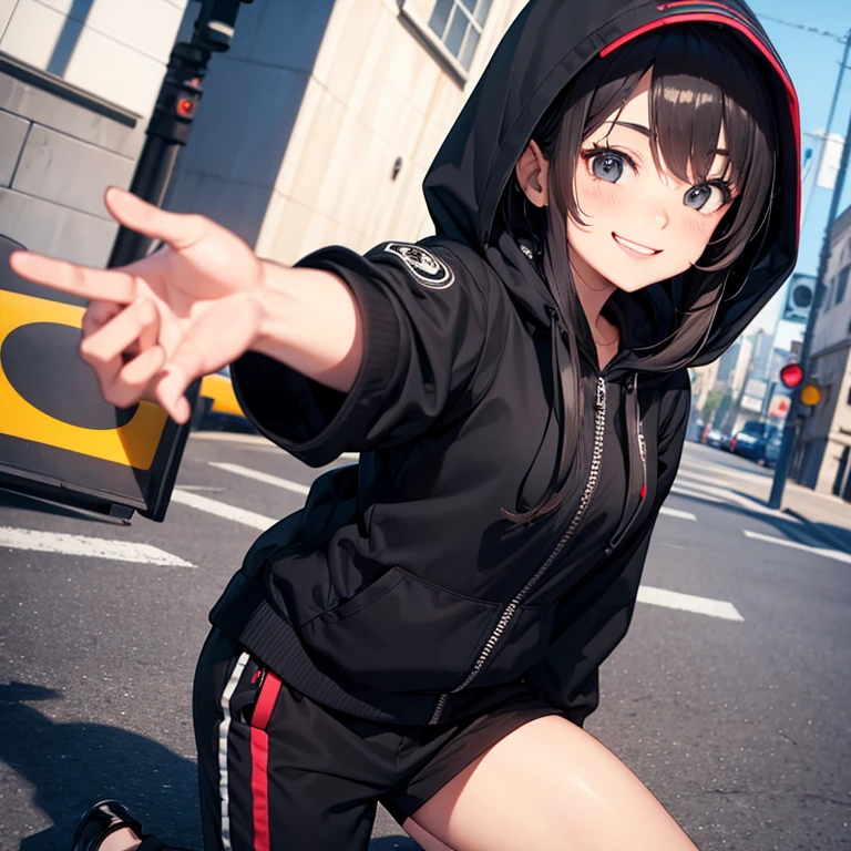 A 25 years old girl wearing black huddie and pant, smiling face, looking at viewer