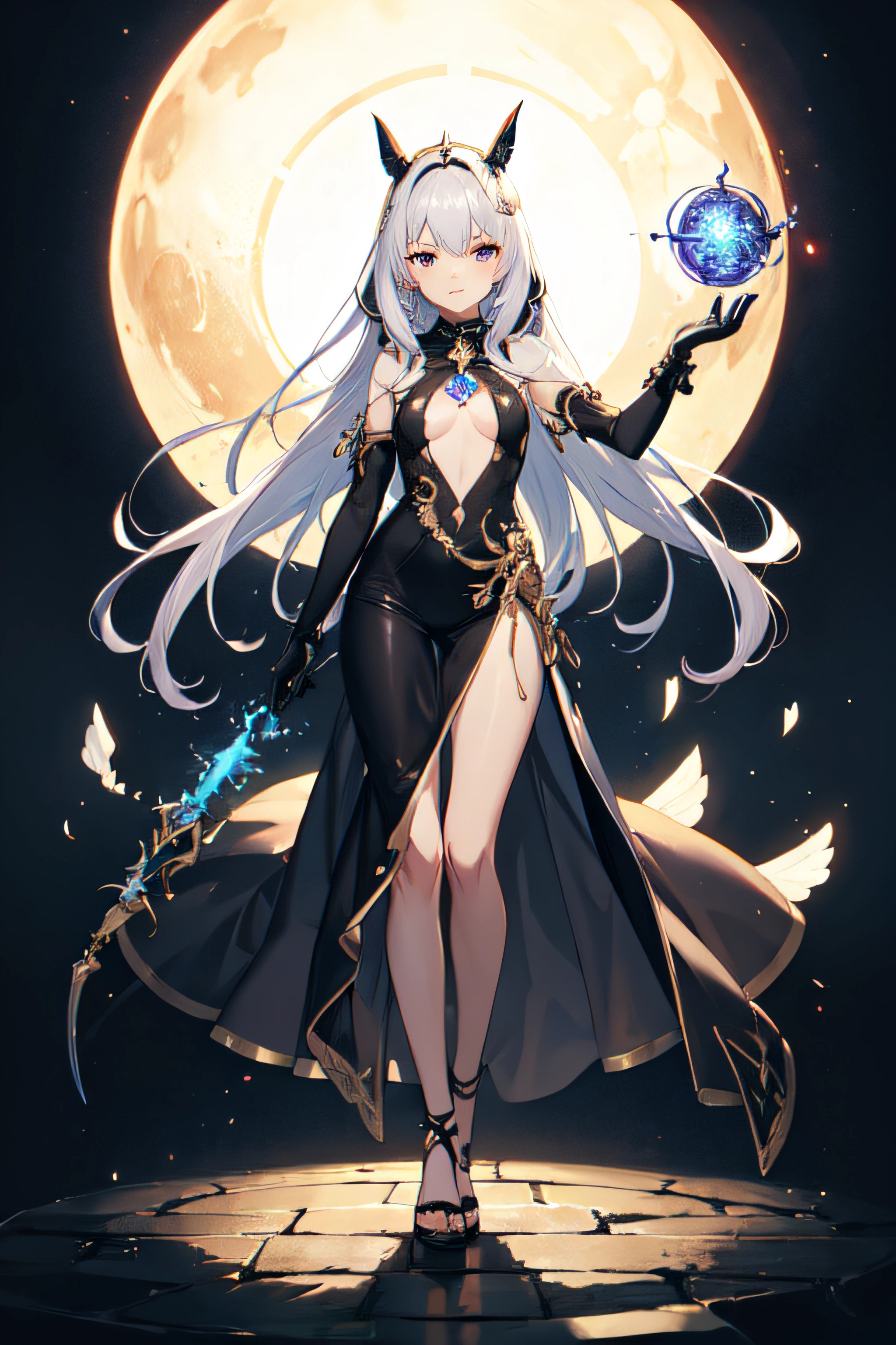 ((Best Quality)), ((masutepiece)), (Detailed), Perfect face, Full body like, A very beautiful and delicate 16 year old girl, A slender, small tits, silber hair, length hair, Black Dress,  frilld, Sorcerer