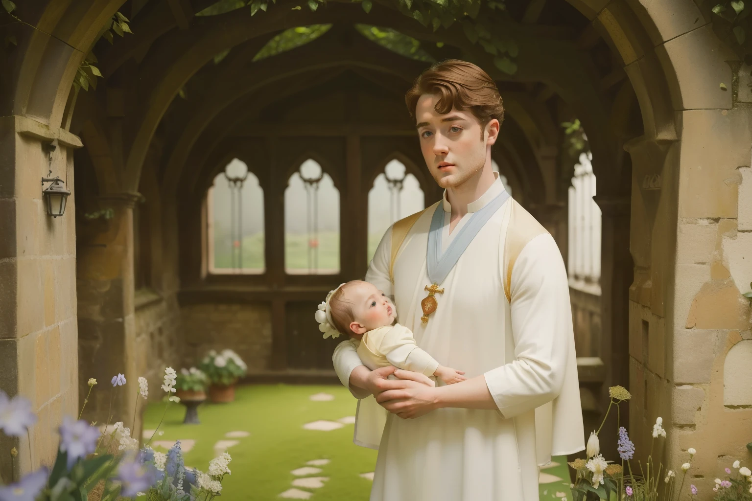 1136, England. otherworldly scene in a monastery garden, ((((27-year-old)) Richard Rankin)), prior monk, holding a baby, ((((poor plain tunic from the 12th century)))), ((Hairstyle of the 12th century)), ((Wes Anderson cinematic style)), colorful