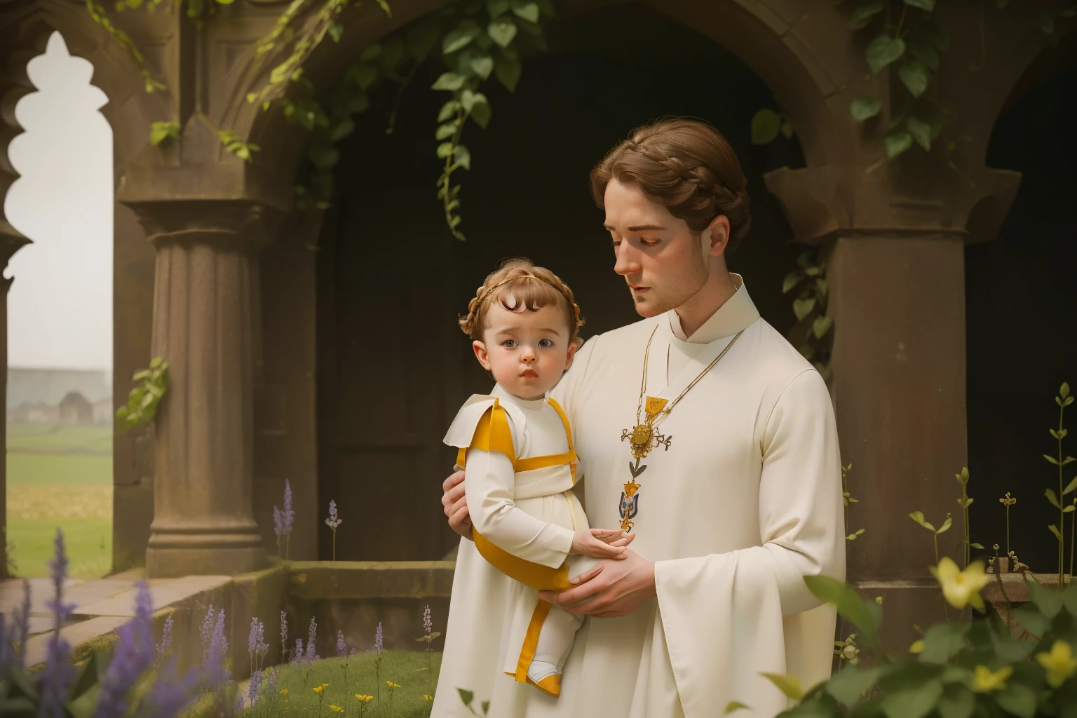 1136, England. otherworldly scene in a monastery garden, ((((27-year-old)) Richard Rankin)), prior monk, holding a baby, ((((poor plain tunic from the 12th century)))), ((Hairstyle of the 12th century)), ((Wes Anderson cinematic style)), colorful