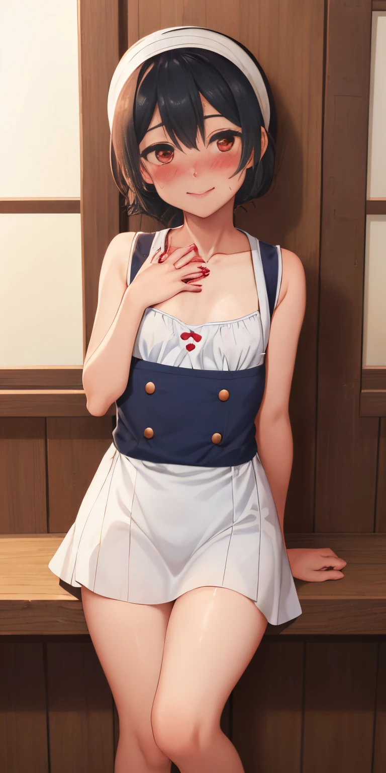 1girl in, 独奏, (barechested:1.1), (pinafore),tiny little breasts, thighs thighs thighs thighs, Cafe background, a smile, (red blush:1.3), (Milk dripping on the chest:1.3), Slouched, pov