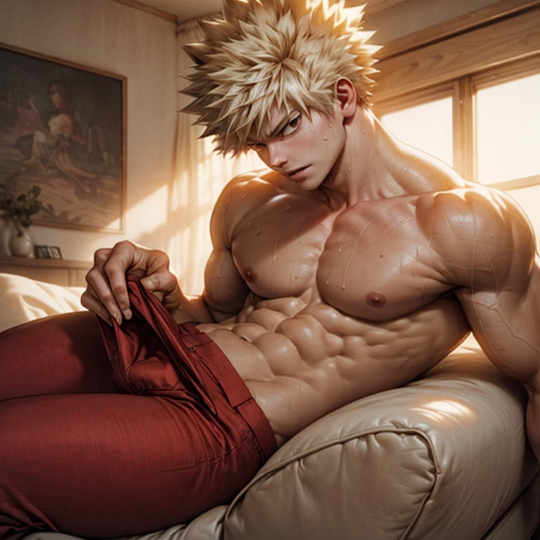 (best quality,4k,8k,highres,masterpiece:1.2),ultra-detailed,(realistic,photorealistic,photo-realistic:1.37), HDR, UHD, studio lighting, ultra-fine painting, sharp focus, physically-based rendering, extreme detail description, professional, vivid colors, bokeh, portraits

Bakugou Katsuki is sitting shirtless on a luxurious velvet sofa inside a spacious and tastefully decorated living room. The room is filled with warm, natural light coming from large windows, creating a cozy atmosphere. The walls are adorned with elegant artwork, enhancing the sophisticated ambience.

As the center of attention, Bakugou Katsuki, with his explosive personality, is looking directly at the viewer. His captivating gaze reflects determination and strength. His eyes are beautifully detailed, with intense sparks of determination lighting them up. His facial features are meticulously crafted, showcasing his fierce personality. He has finely shaped eyebrows that complement his expressive eyes. His nose and lips are also exquisitely detailed, adding to his attractive appearance.

Bakugou Katsuki is shirtless, showcasing his well-defined muscles and toned physique. His chest glistens with sweat, illustrating his intense physical exertion. The sweat adds a sense of realism and dynamism to the image, emphasizing his active and energetic nature.

Wearing red pants, Bakugou Katsuki exudes confidence and boldness. The pants are tight-fitting and highlight his muscular legs. The pants have a noticeable bulge, indicating his powerful and robust physique. The vibrant red color of the pants adds a touch of intensity to the overall composition.

To add a playful element to the scene, Bakugou Katsuki is holding red and white balloons. The balloons create a visually pleasing contrast against the warm color palette of the living room. Their buoyant presence adds a whimsical touch, showcasing Bakugou Katsuki's fun-loving side.

The image is of the highest quality, with every detail meticulously rendered. The resolution is 4k or 8k, capturing the minute nuances of Bakugou Katsuki's facial expressions, skin texture, and the overall ambiance of the room. With the use of studio lighting, the image boasts a professional finish, accentuating the depth and realism of the scene.

The overall art style leans towards portraiture, focusing on capturing the essence and personality of Bakugou Katsuki. The colors are vibrant and vivid, reflecting his fiery personality and determination. The composition showcases an impeccable balance of light and shadow, evoking a sense of drama and intensity.

The lighting in the scene is carefully crafted to highlight Bakugou Katsuki's features and create a sense of depth. The warm, natural light softly illuminates his face, accentuating his captivating gaze and enhancing the overall mood of the image.

In summary, the prompt generates a high-quality image of Bakugou Katsuki sitting shirtless on a luxurious sofa in a beautifully decorated living room. His intense gaze and detailed facial features are the focal points of the image. The addition of red pants with a noticeable bulge and the playful presence of red and white balloons add depth and character to the composition. The image is of the highest resolution and showcases professional artistry and vibrant colors.