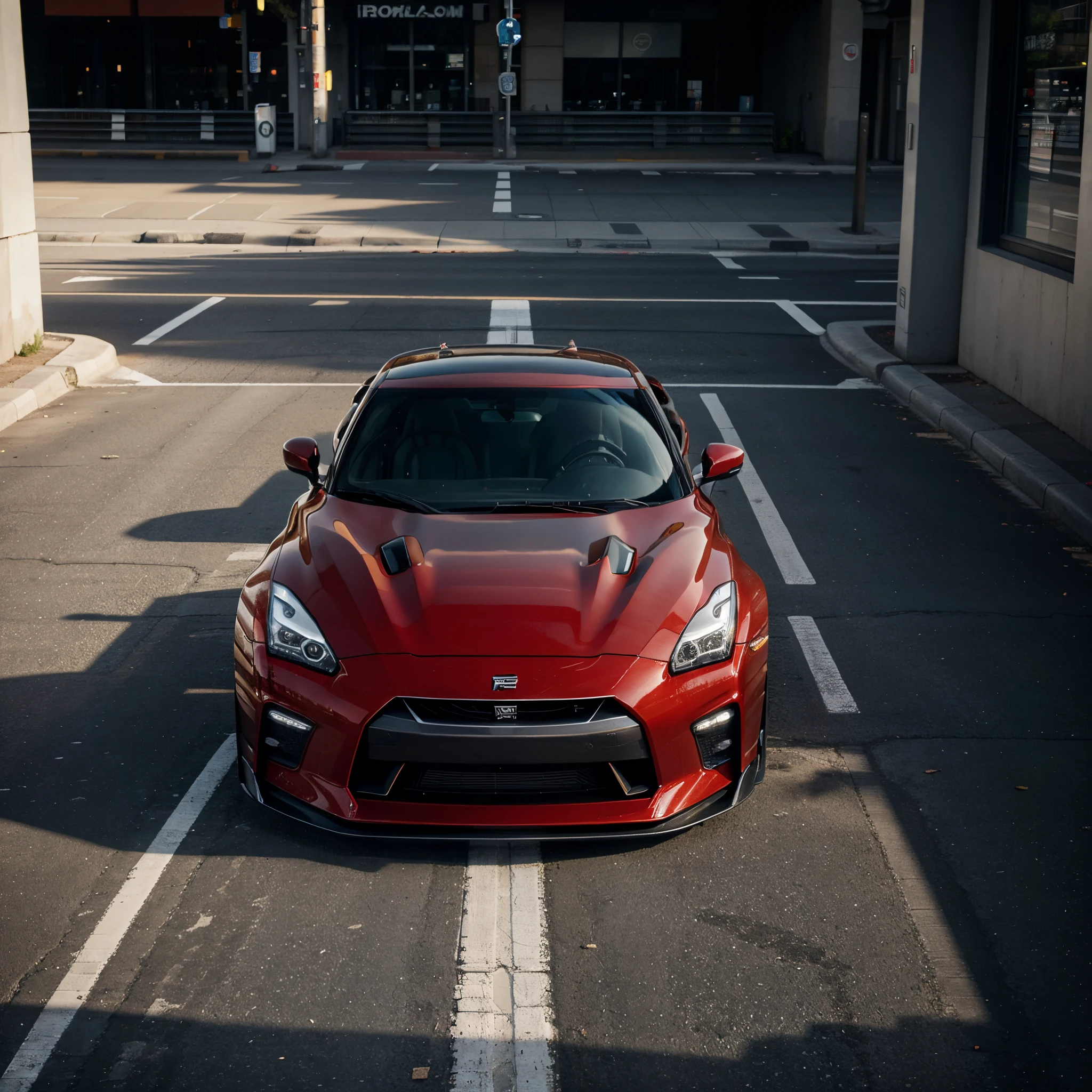Nissan gtr r35 in the streets sunlight from top right