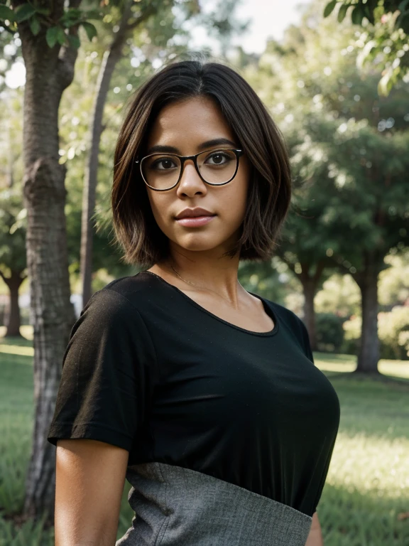 Dominican girl wearing glasses and a dark shirt, blurred green grass and trees in the background, short brown hair, detailed face, high quality, high resolution