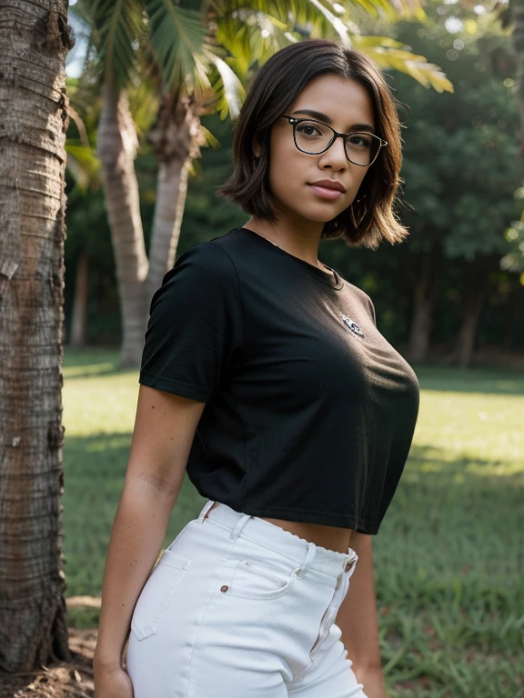 Dominican girl wearing glasses and a dark shirt, blurred green grass and trees in the background, short brown hair, detailed face, high quality, high resolution