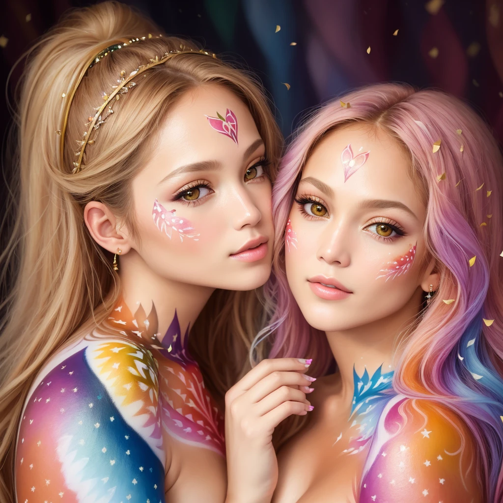 oil painting by Leonardo da Vinci, realistic photo shot, Jennifer Lopez closeup in white, hair messy, her eyes are sweet and vibrant, her face is symmetrical, silky peach skin, soft torch luminosity on the face by REMBRADT, adobe illustration, Trending on ArtStation, 8K, hard disk, Cinematic, masutepiece, Magnificent art, Best Quality, Princess, (Beautiful and colorful animal pattern body paint:1.4), (2girls:1.1), (kiss:1.4), forest, confetti