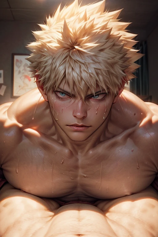 (best quality,4k,8k,highres,masterpiece:1.2),ultra-detailed,(realistic,photorealistic,photo-realistic:1.37), HDR, UHD, studio lighting, ultra-fine painting, sharp focus, physically-based rendering, extreme detail description, professional, vivid colors, bokeh, portraits

Bakugou Katsuki is sitting shirtless on a luxurious velvet sofa inside a spacious and tastefully decorated living room. The room is filled with warm, natural light coming from large windows, creating a cozy atmosphere. The walls are adorned with elegant artwork, enhancing the sophisticated ambience.

As the center of attention, Bakugou Katsuki, with his explosive personality, is looking directly at the viewer. His captivating gaze reflects determination and strength. His eyes are beautifully detailed, with intense sparks of determination lighting them up. His facial features are meticulously crafted, showcasing his fierce personality. He has finely shaped eyebrows that complement his expressive eyes. His nose and lips are also exquisitely detailed, adding to his attractive appearance.

Bakugou Katsuki is shirtless, showcasing his well-defined muscles and toned physique. His chest glistens with sweat, illustrating his intense physical exertion. The sweat adds a sense of realism and dynamism to the image, emphasizing his active and energetic nature.

Wearing red pants, Bakugou Katsuki exudes confidence and boldness. The pants are tight-fitting and highlight his muscular legs. The pants have a noticeable bulge, indicating his powerful and robust physique. The vibrant red color of the pants adds a touch of intensity to the overall composition.

To add a playful element to the scene, Bakugou Katsuki is holding red and white balloons. The balloons create a visually pleasing contrast against the warm color palette of the living room. Their buoyant presence adds a whimsical touch, showcasing Bakugou Katsuki's fun-loving side.

The image is of the highest quality, with every detail meticulously rendered. The resolution is 4k or 8k, capturing the minute nuances of Bakugou Katsuki's facial expressions, skin texture, and the overall ambiance of the room. With the use of studio lighting, the image boasts a professional finish, accentuating the depth and realism of the scene.

The overall art style leans towards portraiture, focusing on capturing the essence and personality of Bakugou Katsuki. The colors are vibrant and vivid, reflecting his fiery personality and determination. The composition showcases an impeccable balance of light and shadow, evoking a sense of drama and intensity.

The lighting in the scene is carefully crafted to highlight Bakugou Katsuki's features and create a sense of depth. The warm, natural light softly illuminates his face, accentuating his captivating gaze and enhancing the overall mood of the image.

In summary, the prompt generates a high-quality image of Bakugou Katsuki sitting shirtless on a luxurious sofa in a beautifully decorated living room. His intense gaze and detailed facial features are the focal points of the image. The addition of red pants with a noticeable bulge and the playful presence of red and white balloons add depth and character to the composition. The image is of the highest resolution and showcases professional artistry and vibrant colors.