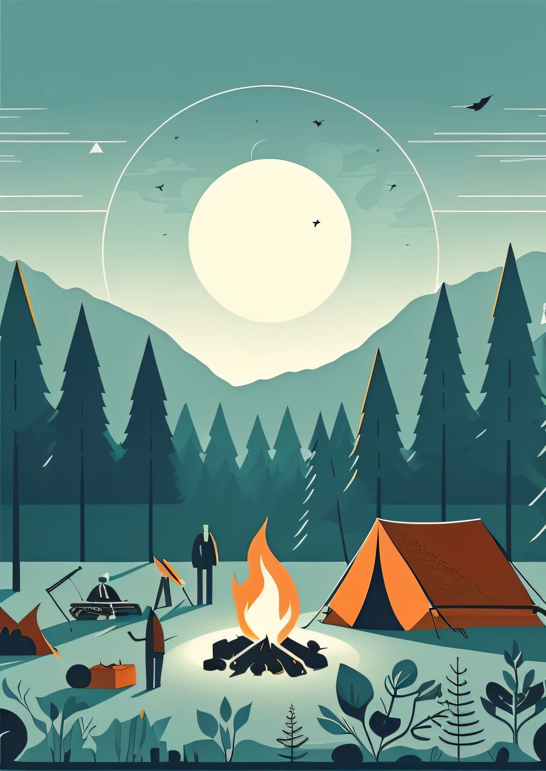 at a forest,ten ten,mid bonfire,there sun,People camping around a bonfire, style